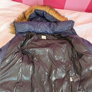 Women's Navy Puffer Jacket with Faux Fur Hood